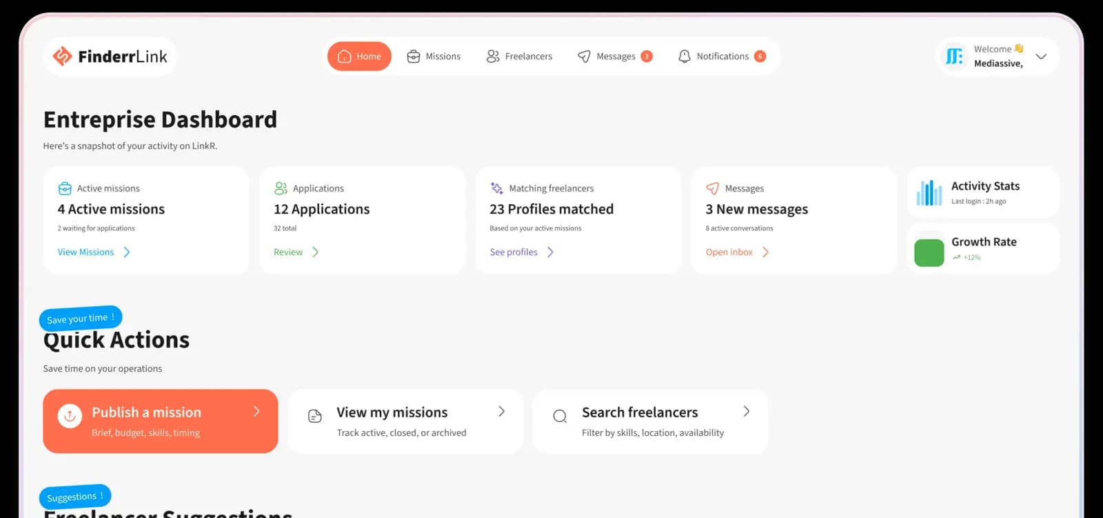 FinderrLink enterprise dashboard with talent search and hiring overview