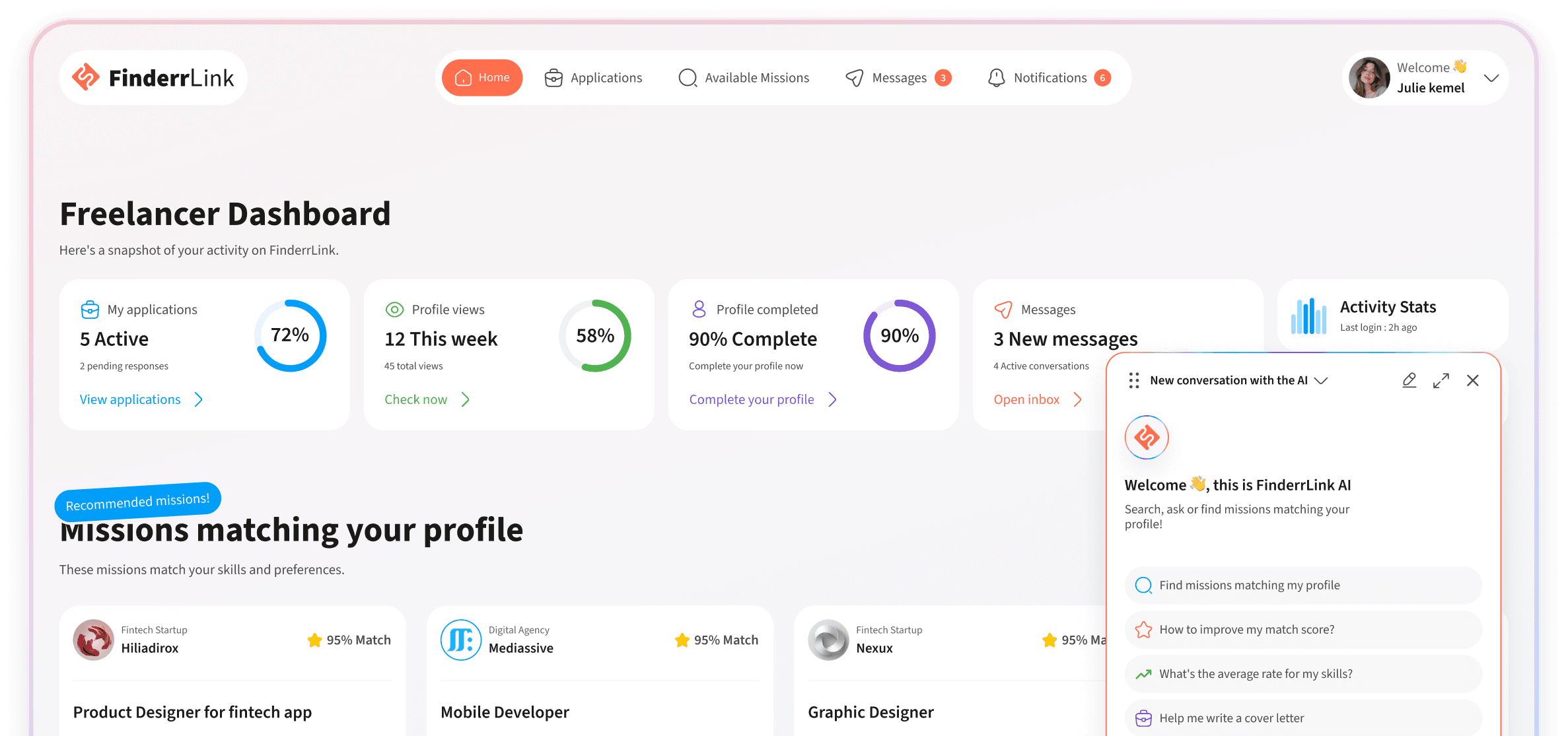 FinderrLink freelancer dashboard with missions and profile overview