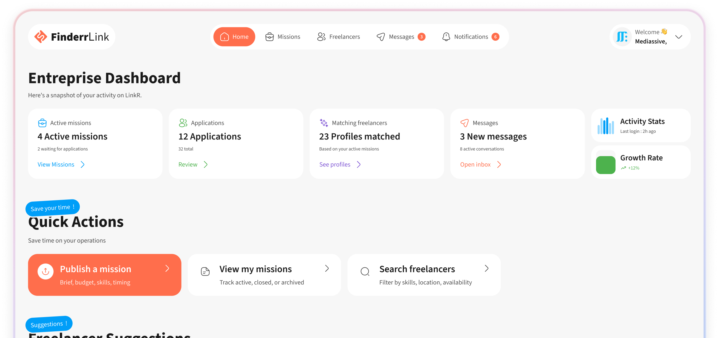 FinderrLink enterprise dashboard with talent search and hiring overview