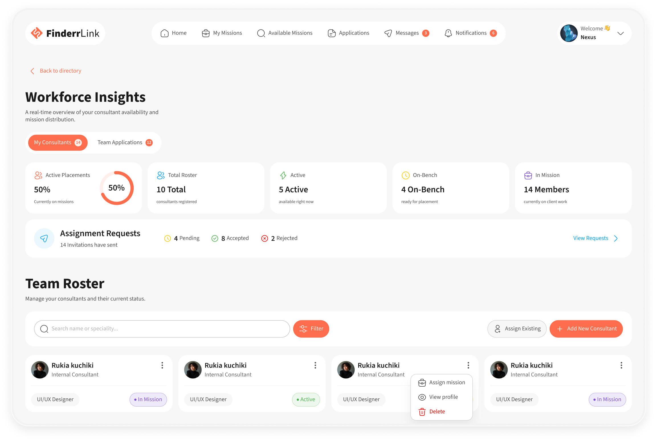 Consultant roster and workforce insights on FinderrLink