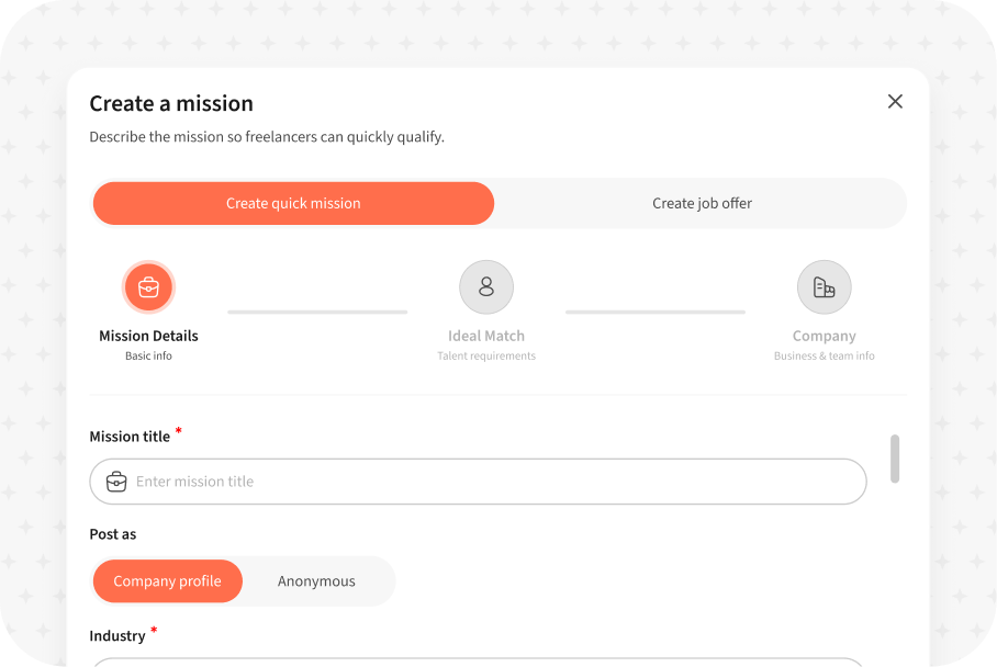 Create mission flow with mission details and talent requirements on FinderrLink