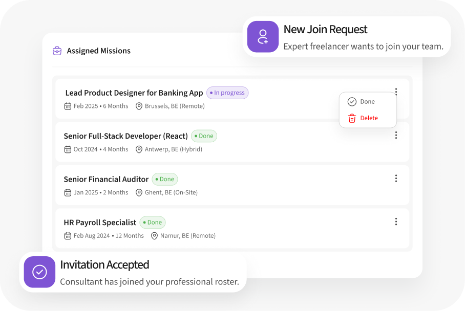 Assigned missions list with join request and invitation notifications