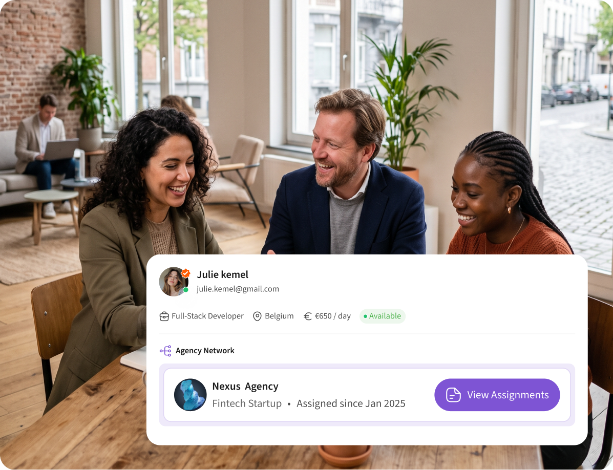 Agency team workspace with a freelancer profile card overlay