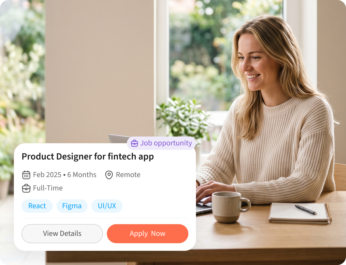 Freelancer working on a laptop with a job opportunity card overlay