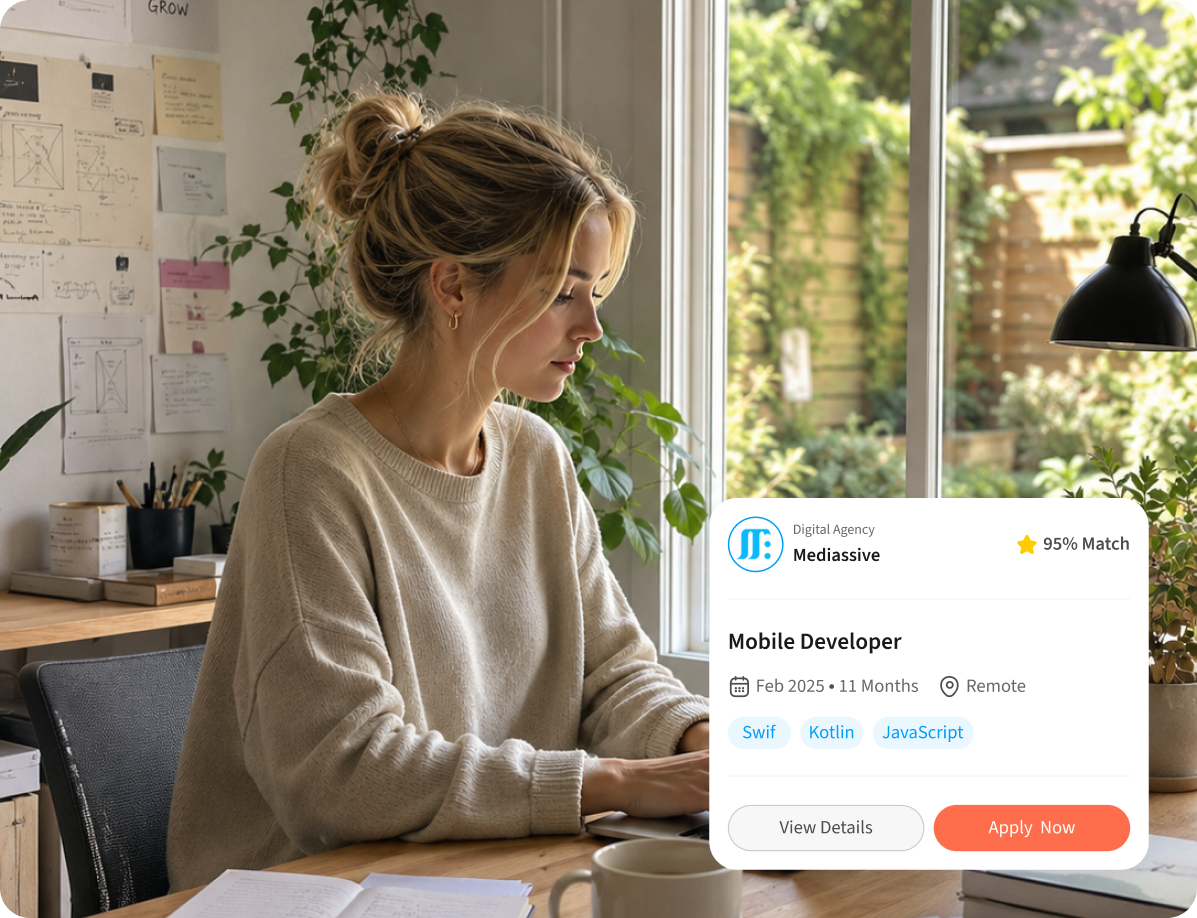 Freelancer at a desk with a mission match card overlay