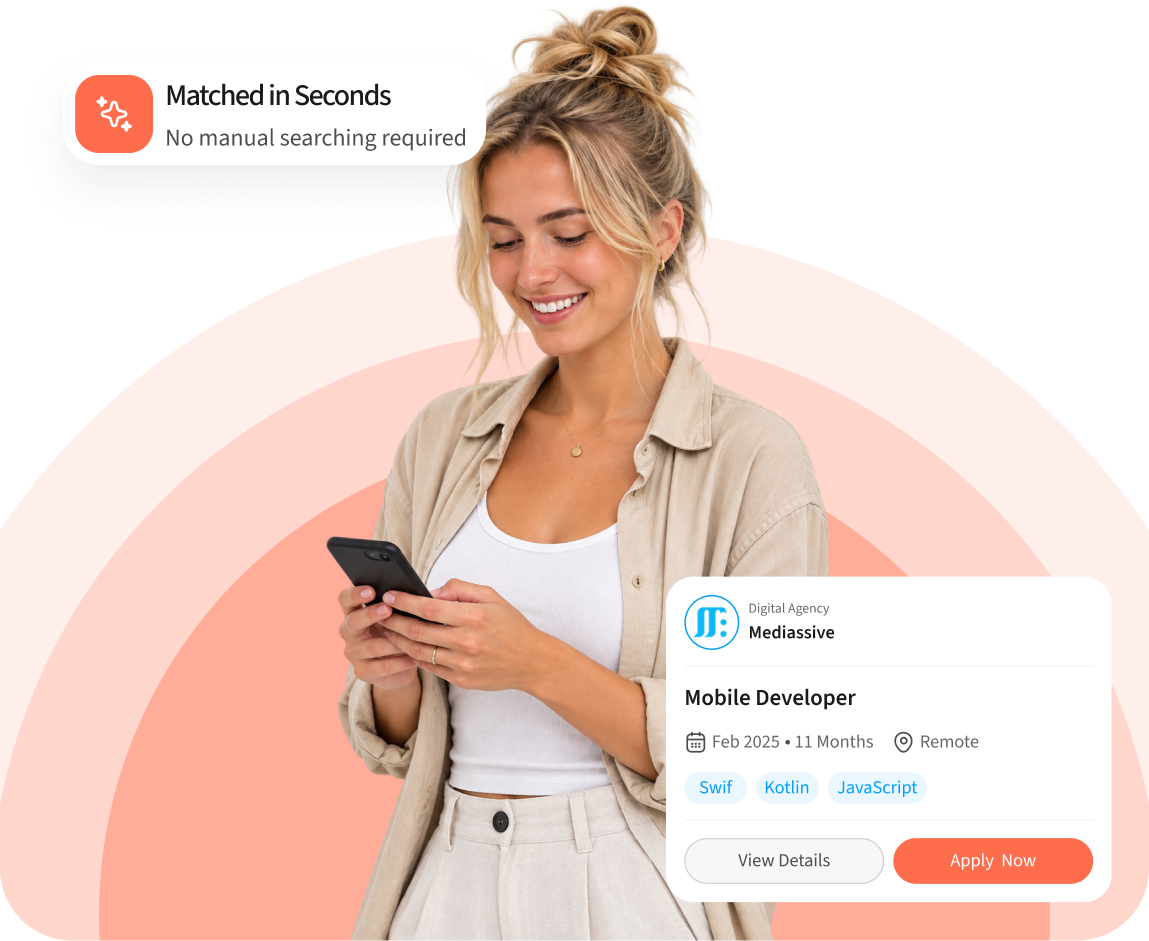 Freelancer holding a tablet showing the FinderrLink freelancer dashboard