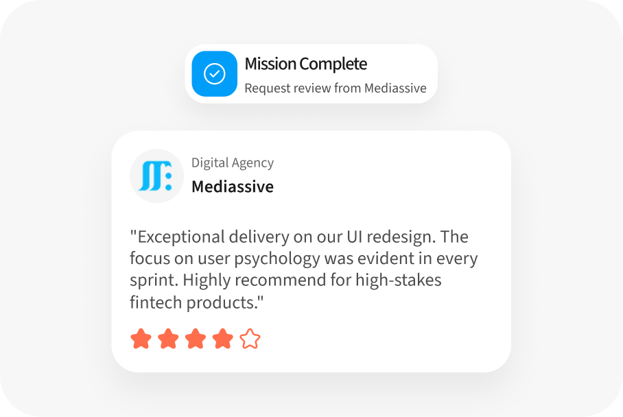 Mission complete notification and client review card from Mediassive